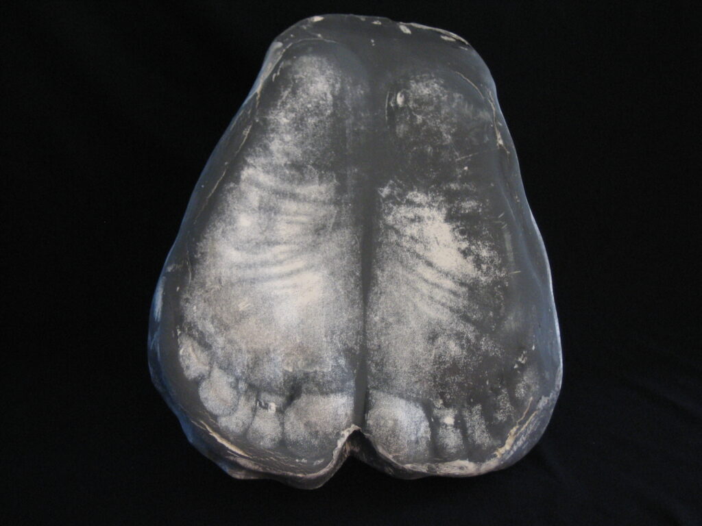 Feet, photograph on clay, gray scale, bottom of feet in detail
