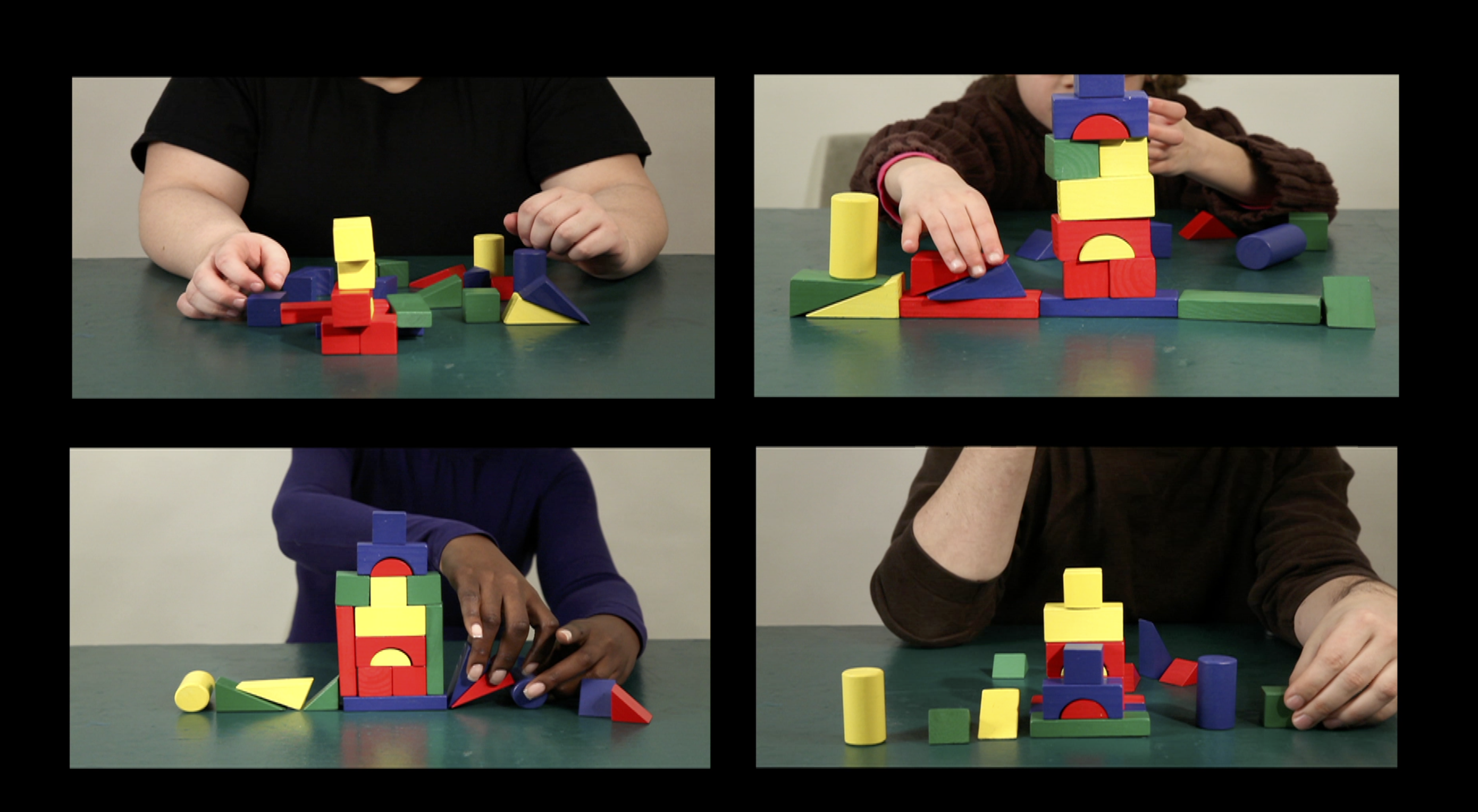 grid of four pictures of different people building with multicolored blocks