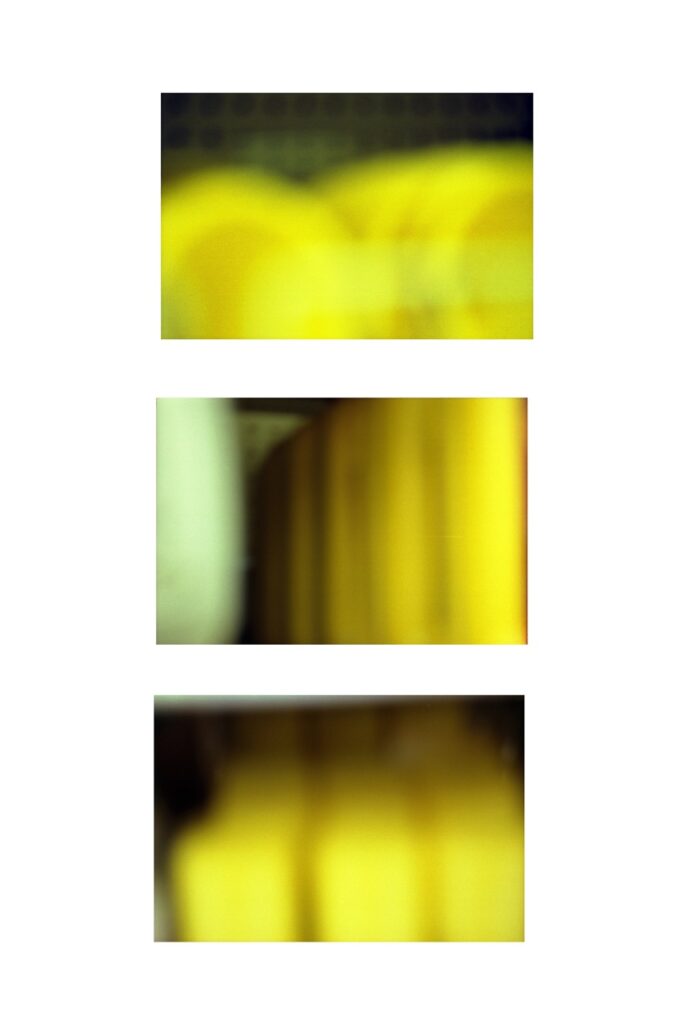 3 panels horizontal of yellow shapes that fade to black
