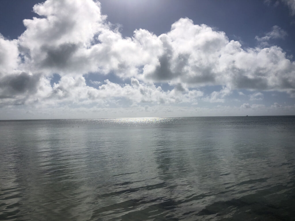 Photo by Erika Heffernan Day 254 at Smathers Beach Boardwalk Key West. Horizontal Puffy Clouds over shining ocean landscape