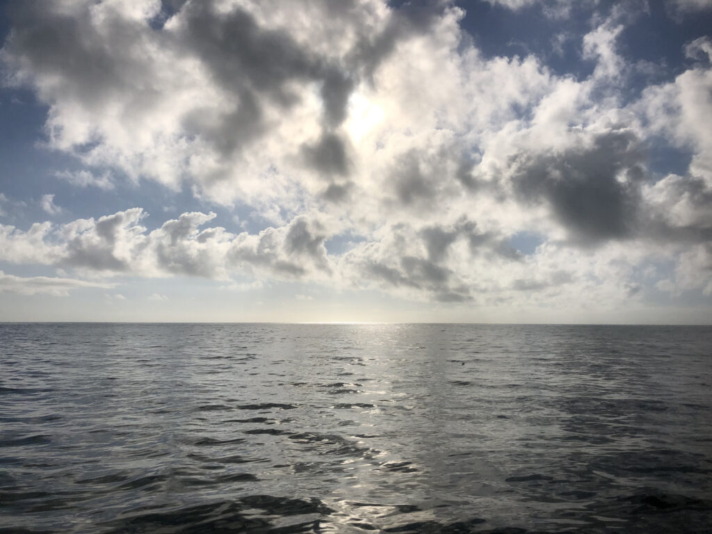 Photo by Erika Heffernan Day 274 at Smather’s Beach Boardwalk Key West. Horizontal, Ocean horizon with sun peaking through the cloud in the center making a simmer in the center of the wave filled water