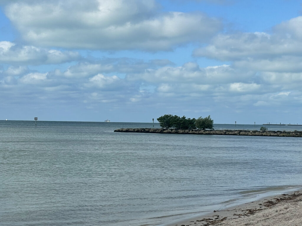 Photo by Erika Heffernan Day 343 9:16 am at Smather’s Beach Boardwalk Key West. Horizontal, Blue gray ocean with puffy clouds overhead and a breakwater with trees on it 