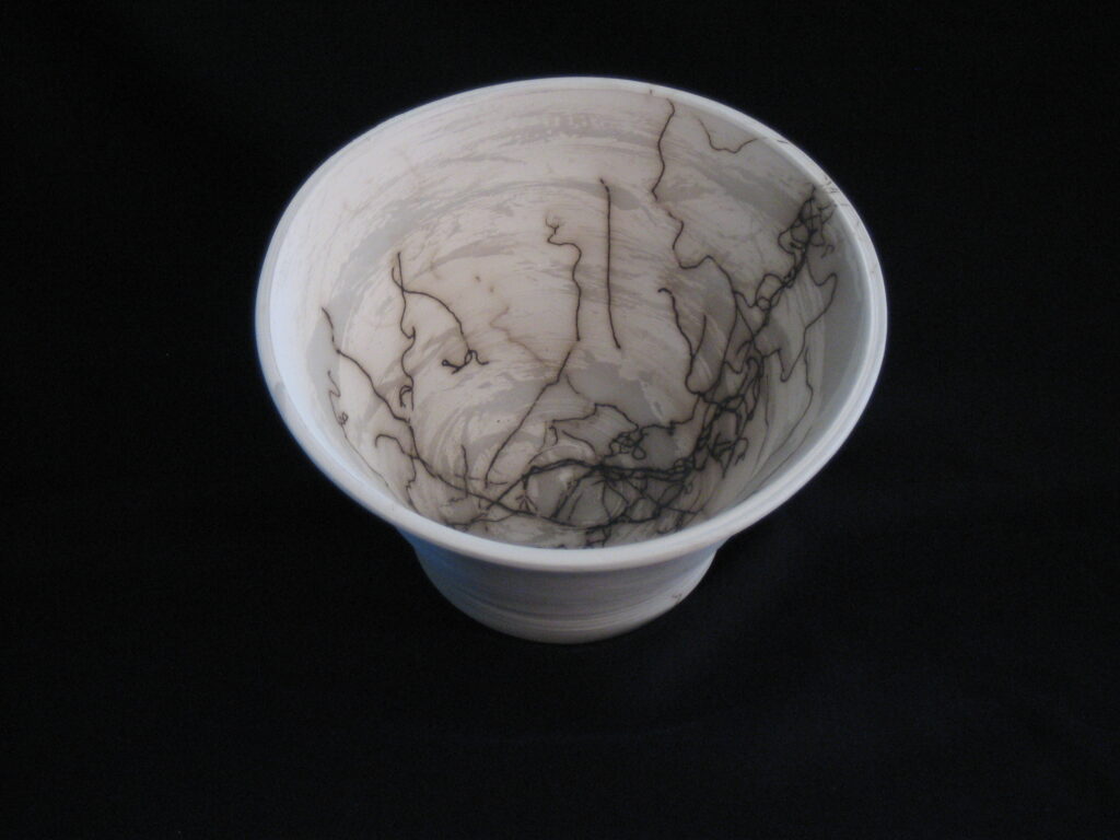 Horse Hair Fired white Bowl with black designs from hair